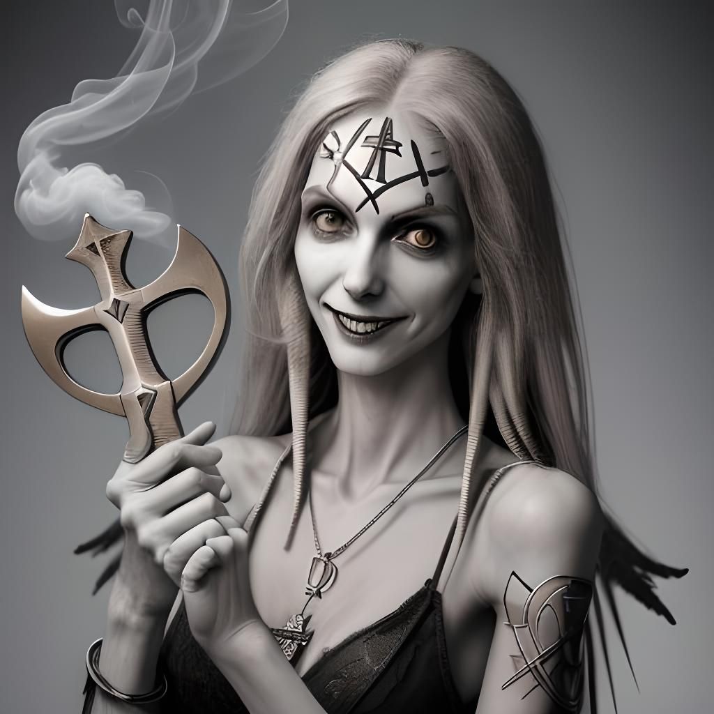 Gothic Woman with Ankh Pendant and Smoky Background