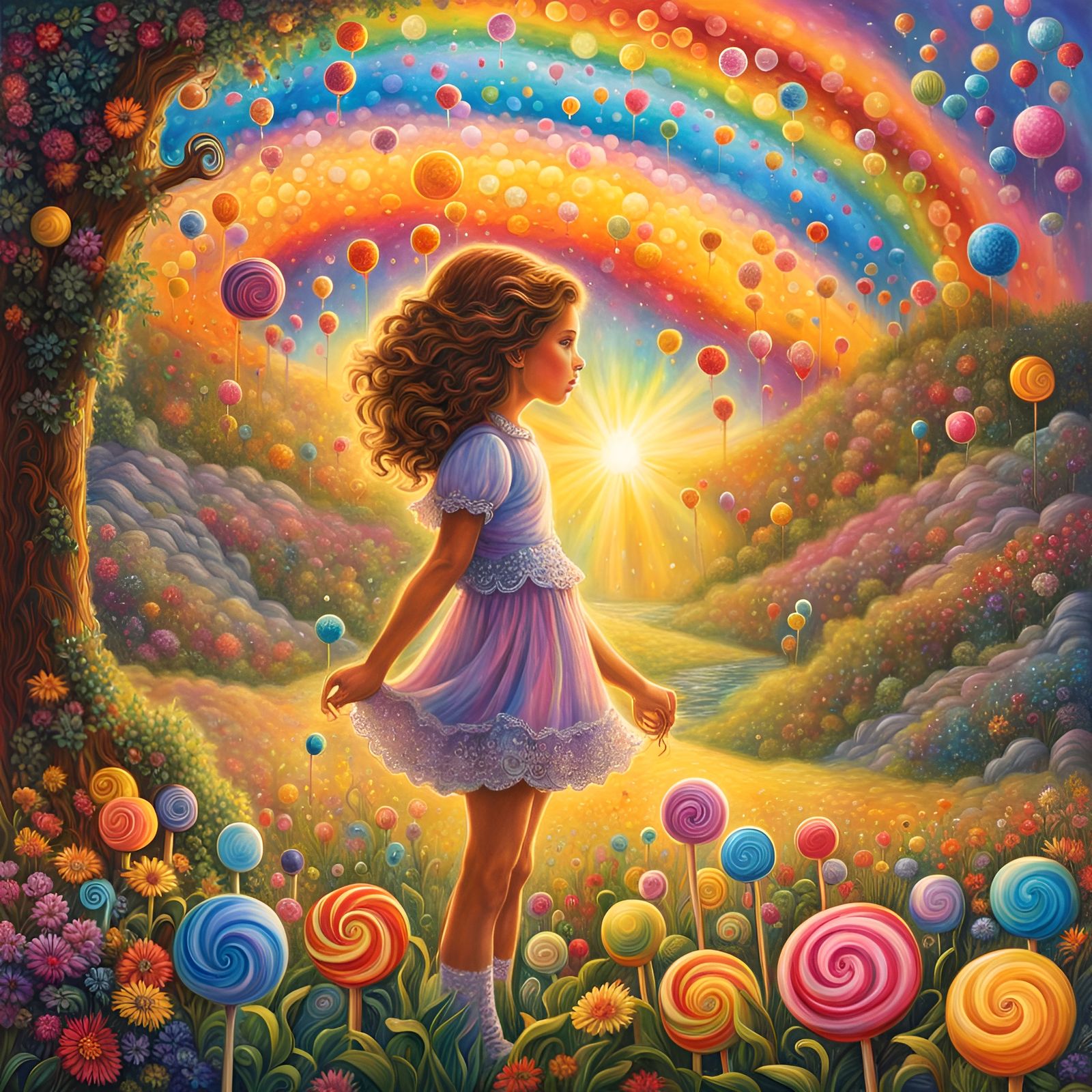 Polychromatic Storybook Girl with Lollipops and Rainbows