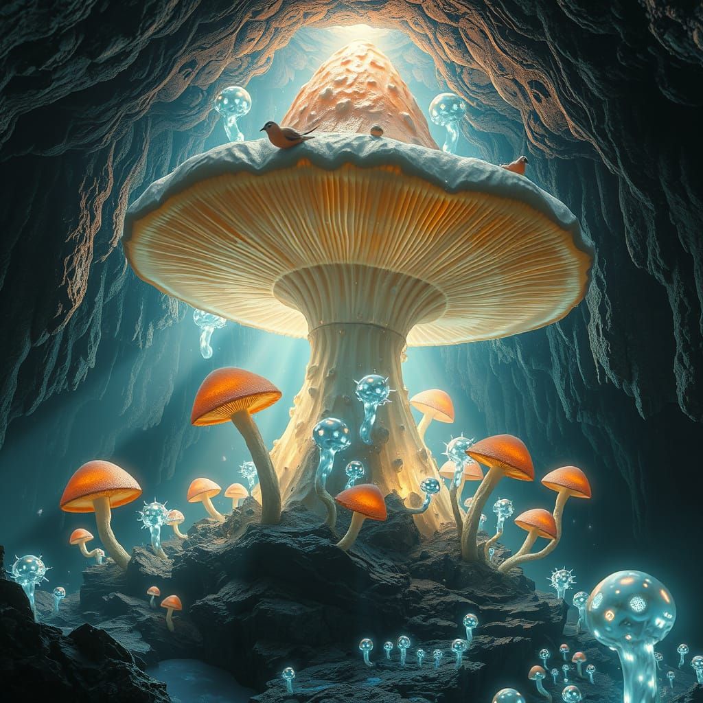 Crystalline Mushroom Emerges in Sacred Cave