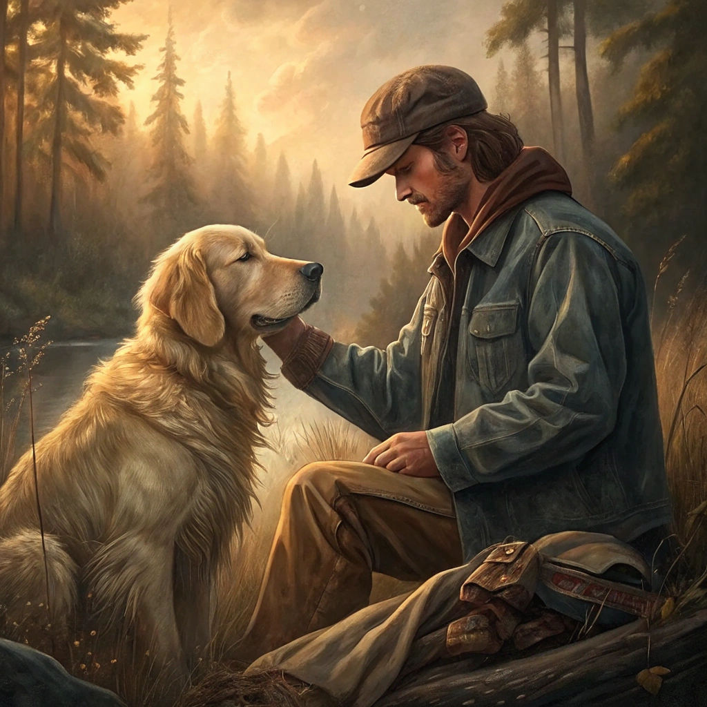 Golden Retriever Affection in Misty Forest, Naturalist Style