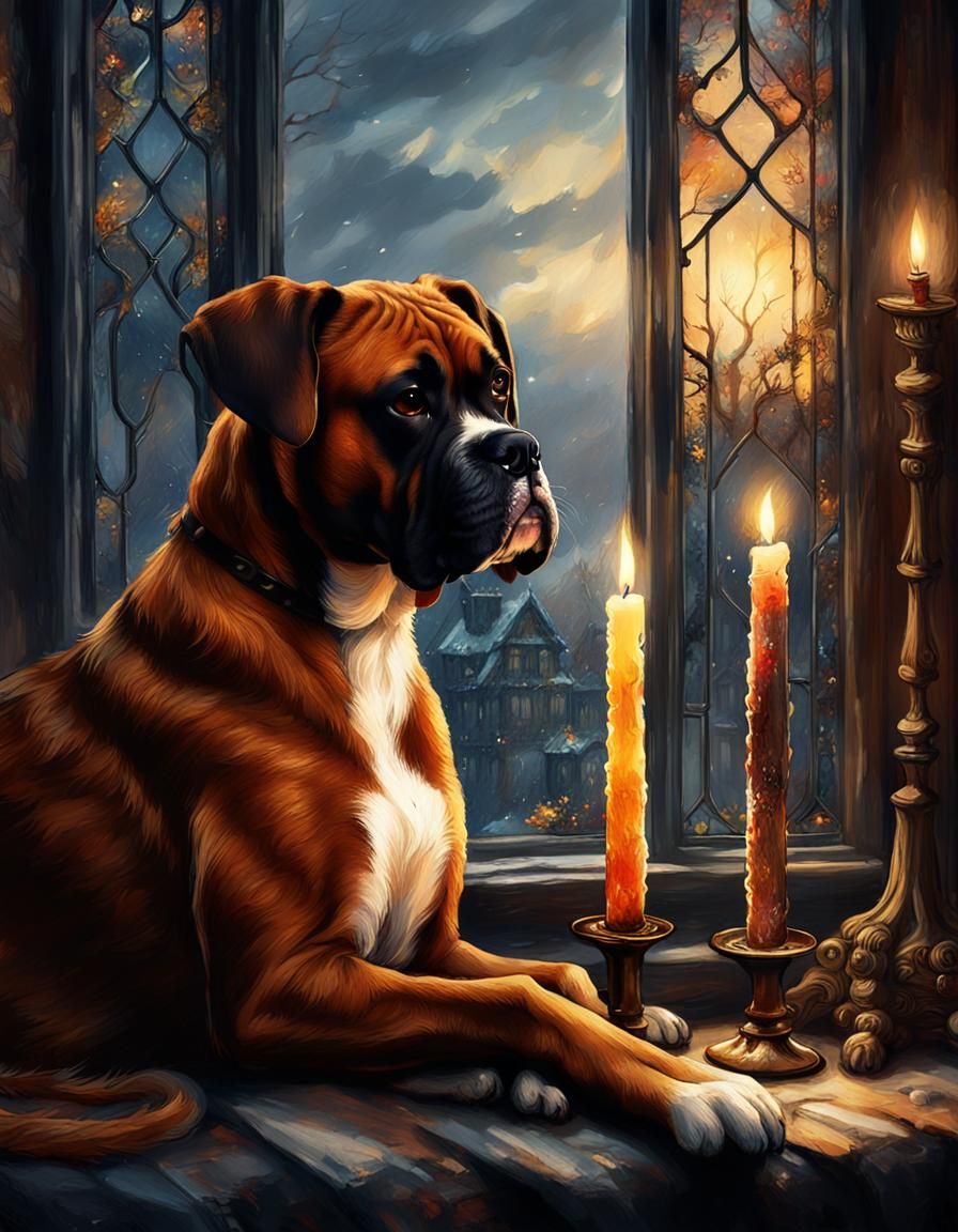 Boxer Dog by Candlelight in Arthur Rackham Style