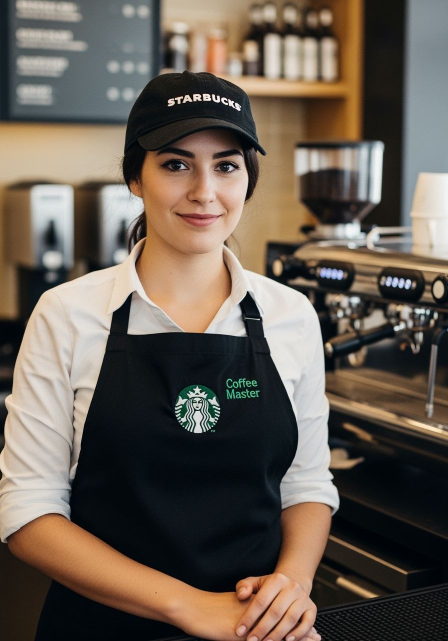 Female Barista Poses at Starbucks in Photo-Realistic Style