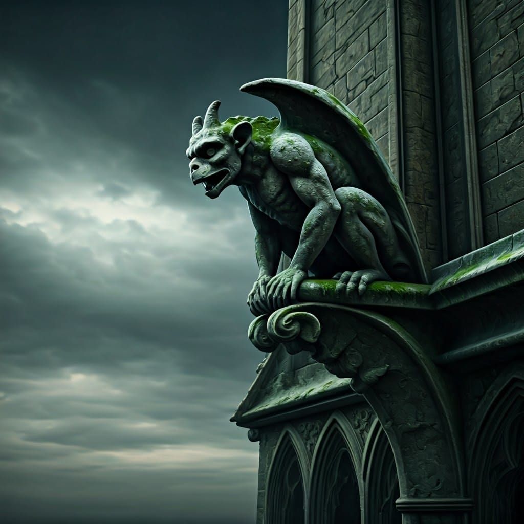 Gothic Gargoyle on Weathered Castle Ledge