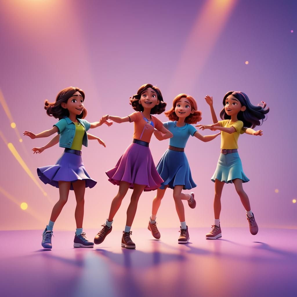 Four Girls Dancing Calmly in Pixar Animation Style