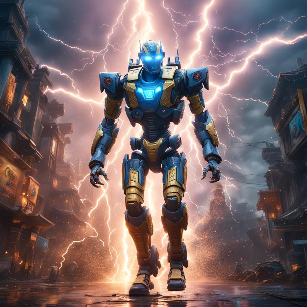 Robot Rides Lightning Bolt in Fantasy Concept Art