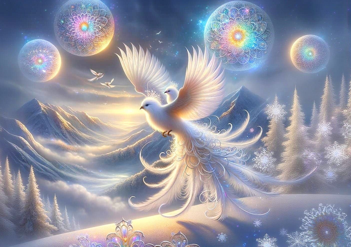 Luminous Birds of Paradise Soar Over Snow-Capped Mountains