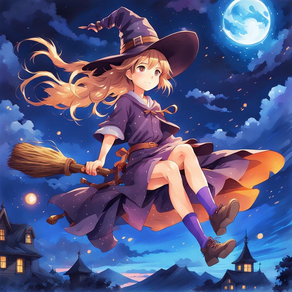 Young Witch Flying on Broom in Watercolor Style