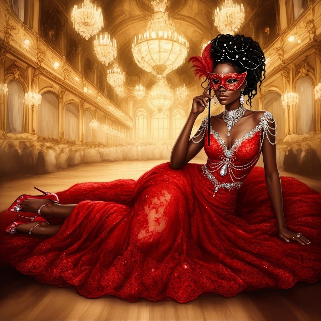 Elegant Woman in Red Gown in Opulent Ballroom