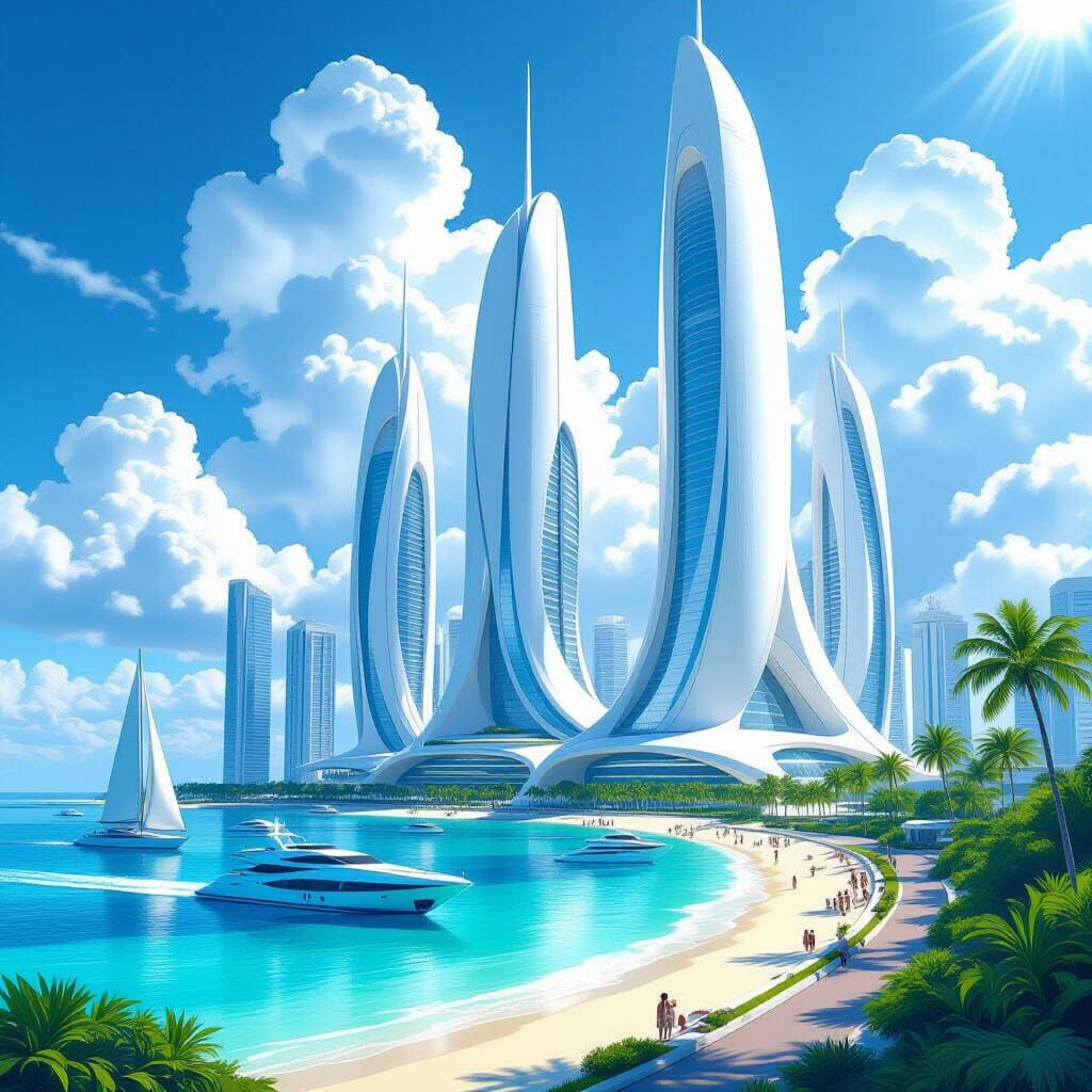 Futuristic White Skyscrapers Over Turquoise Ocean