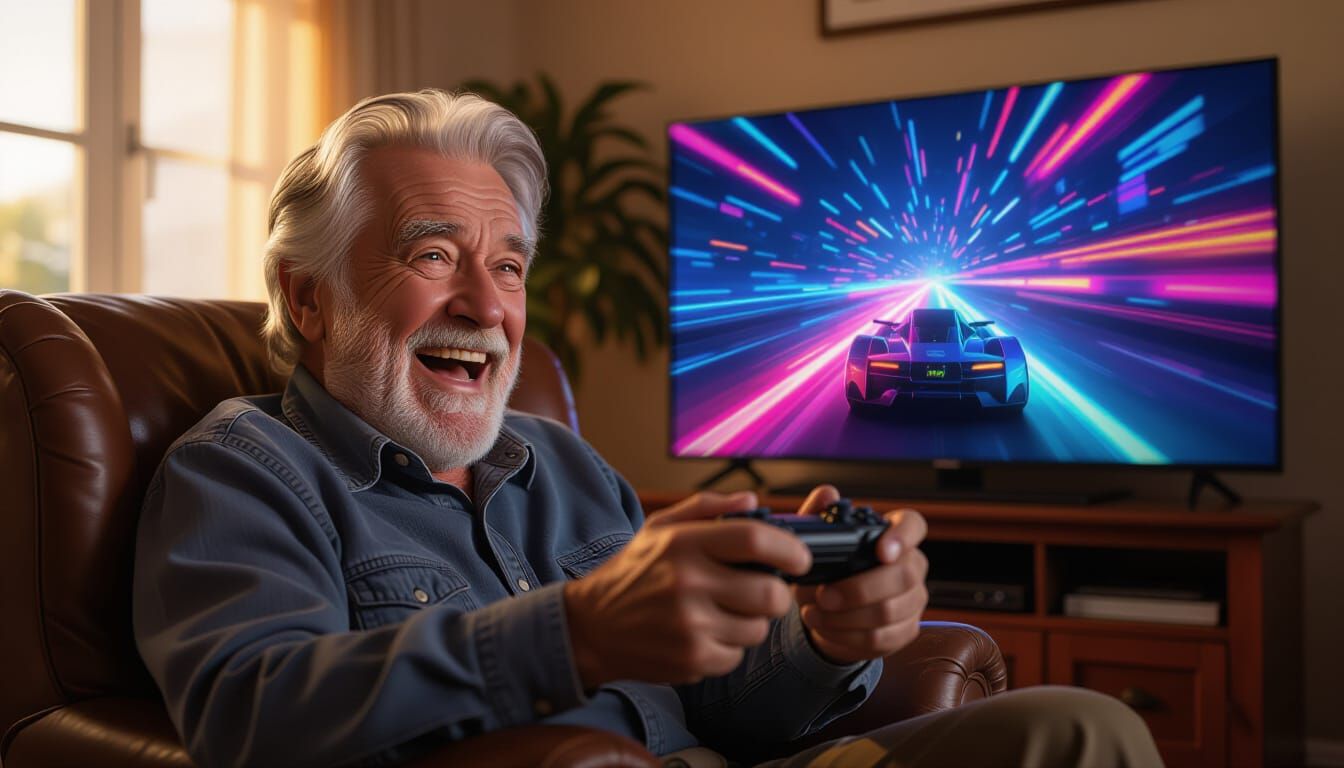 Hyperrealistic Portrait of Elderly Gamer in Golden Hour Ligh...