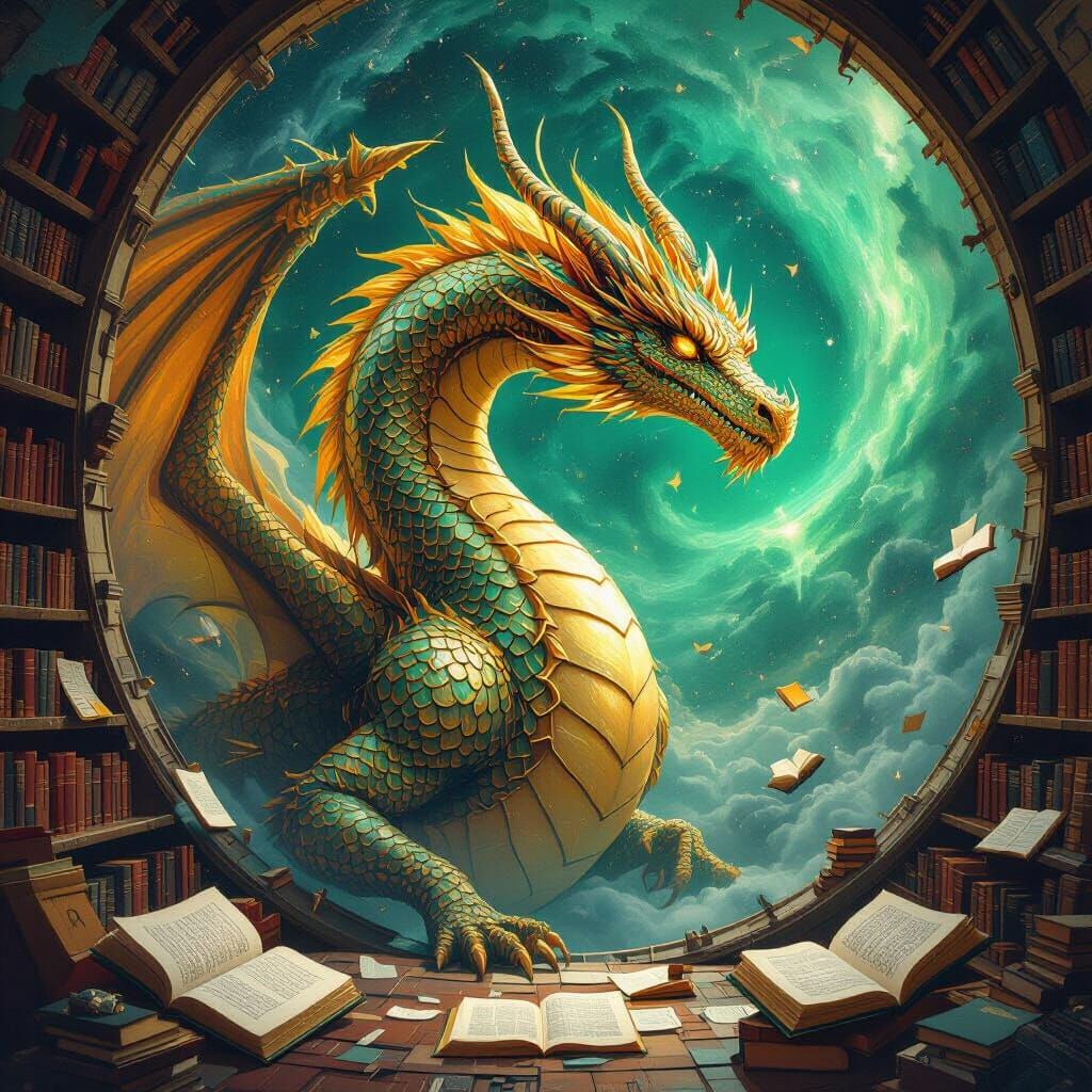Golden Dragon Guards Cosmic Library in Surreal Nebula