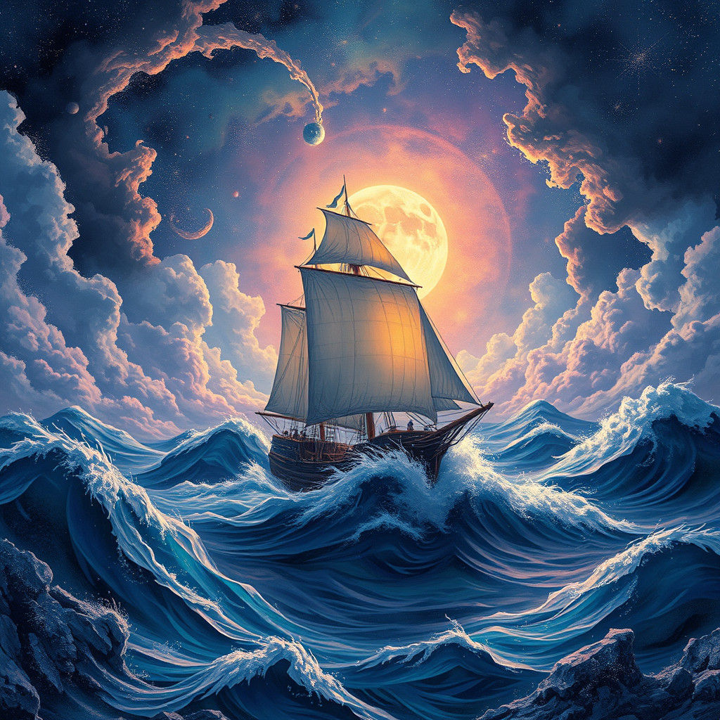 Ship Navigates Stormy Cosmos in Surreal Holographic Illustra...