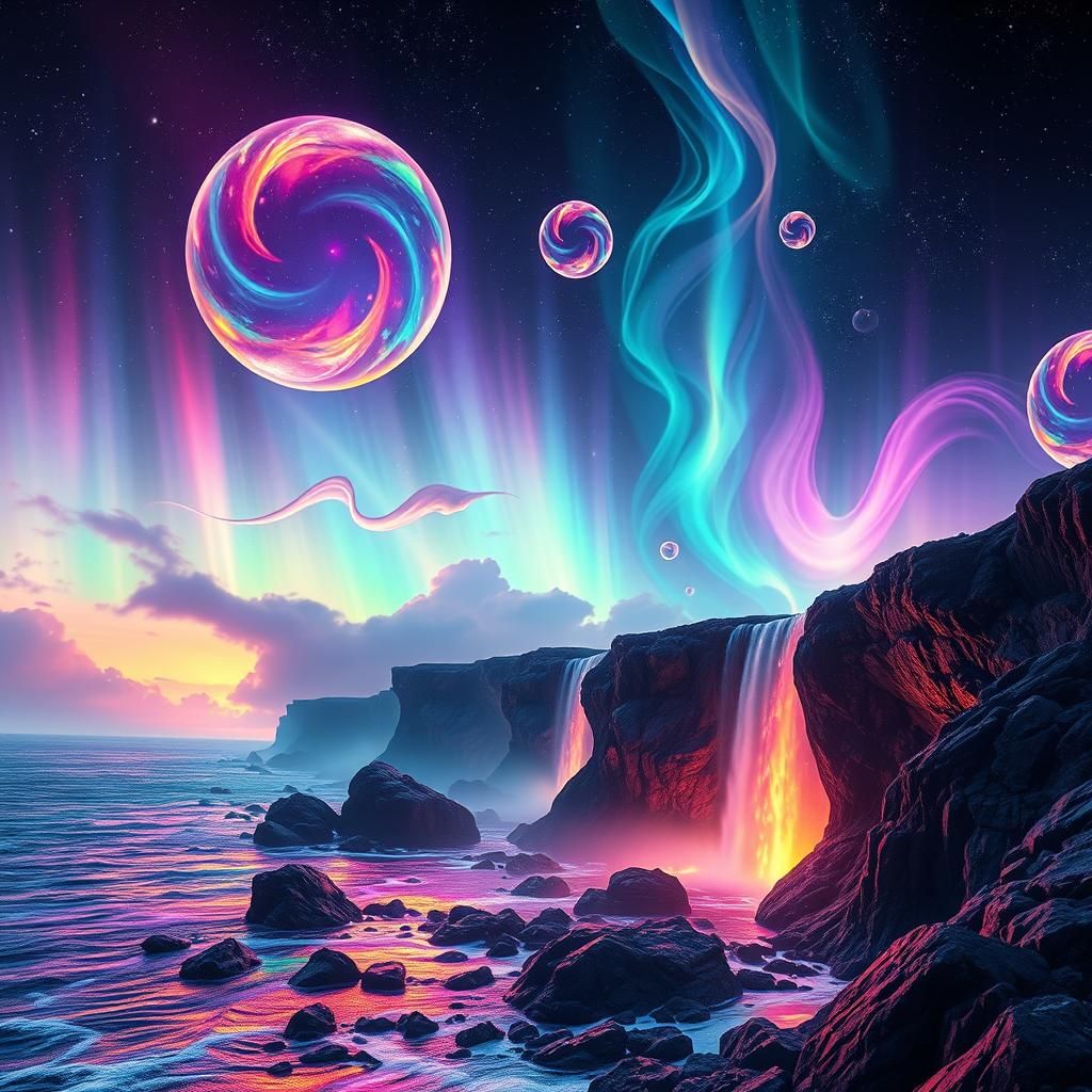 Neon Aurora Borealis Fantasy Landscape