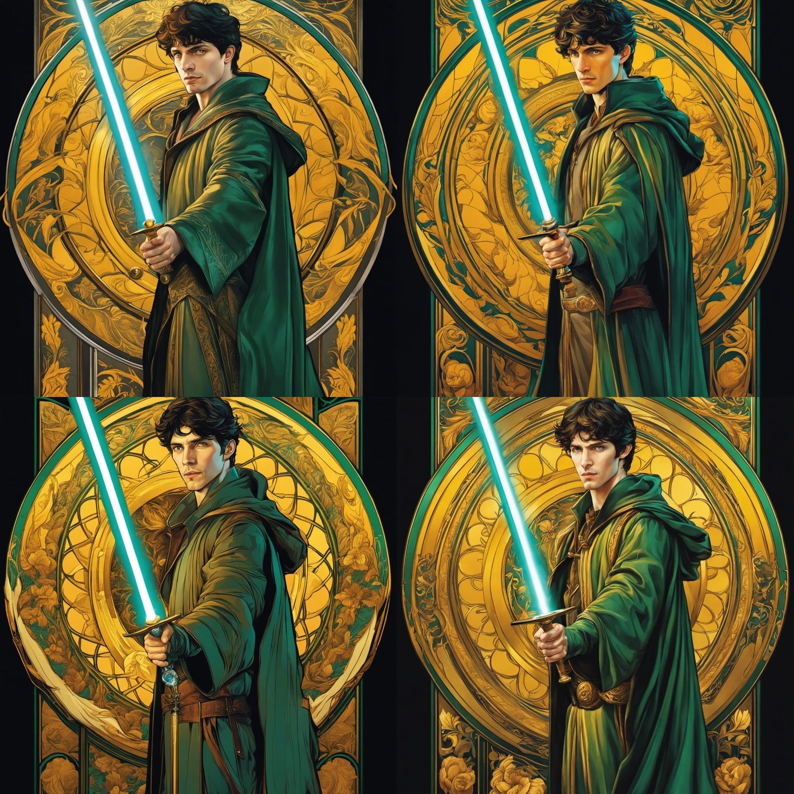yellow blade lightsaber wielded by Full body portrait of green eyed Colin Morgan as Harry Potter, Jedi Knight, realistic...