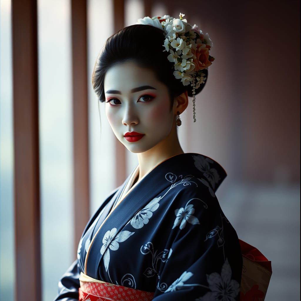 Elegant Geisha in Navy and White Tie-Dye Kimono Against Mist...