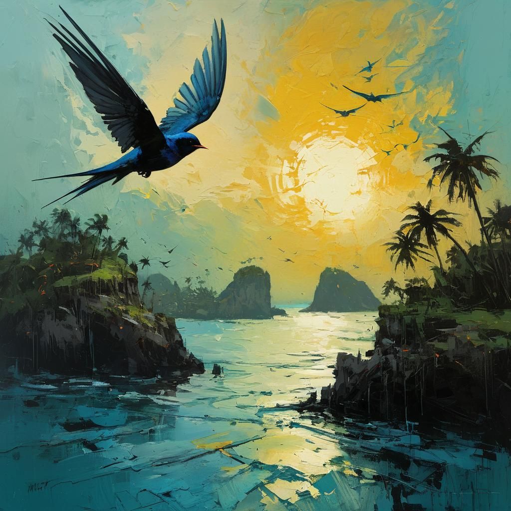 Swallow Silhouette in Tachisme Impasto Style