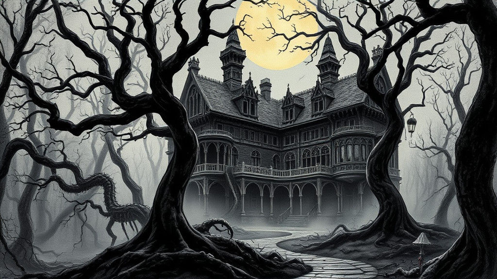 Haunted Gothic Mansion in Dark Fantasy Forest