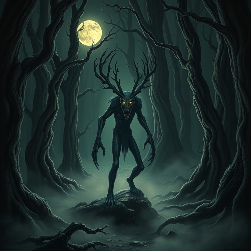 Spectral Wendigo in Haunted Forest: Dark Fantasy
