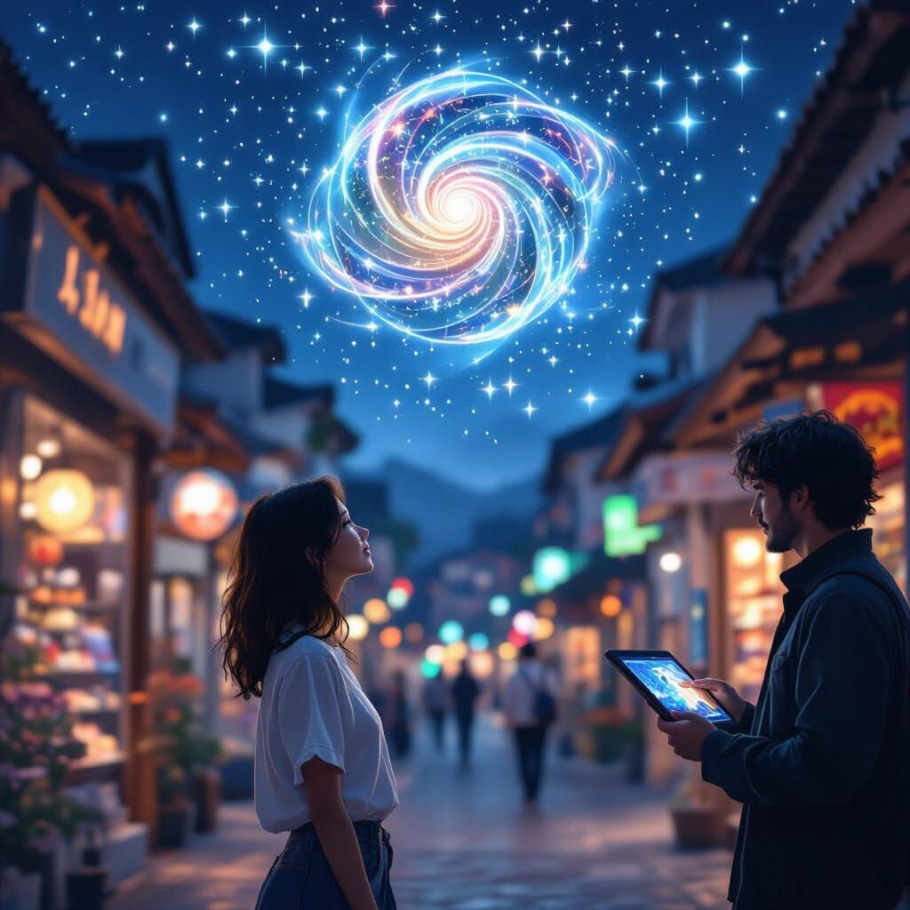 Magical Night Sky Gazing: Dreamlike Scene in Digital Art Sty...