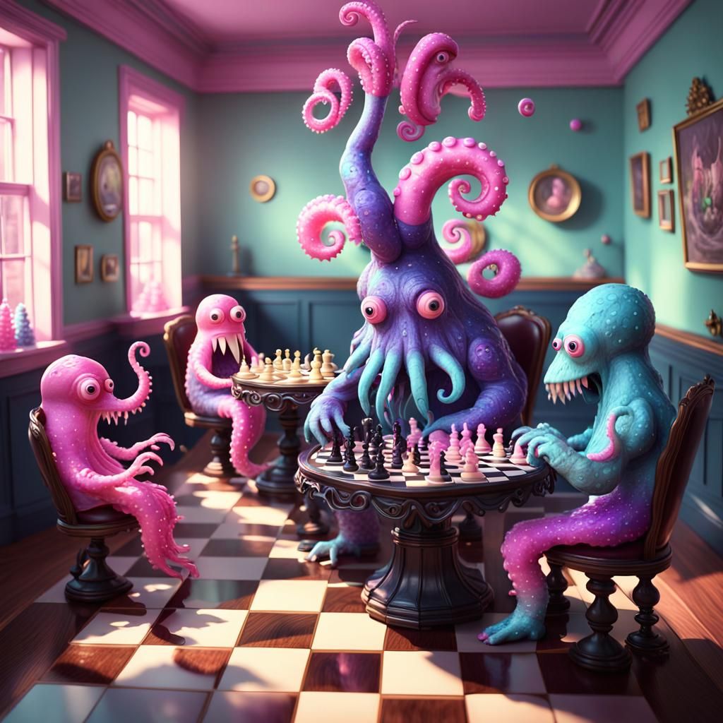 Candy Lovecraftian Monsters Playing Chess in Pixar Style
