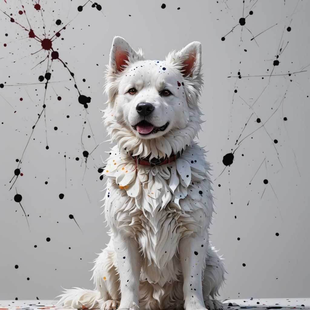 Fluffy White Dog with Paint Splatters in 3D Anime Art