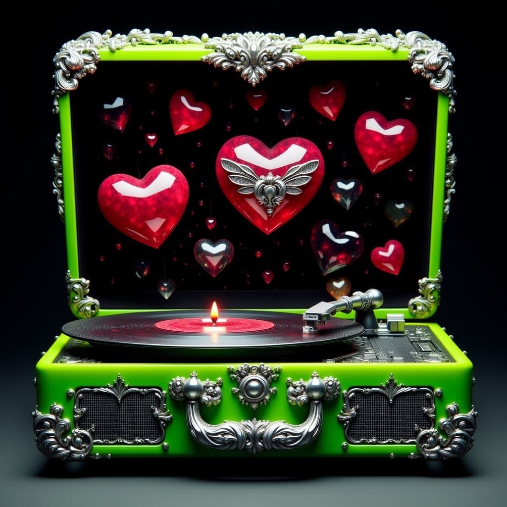 Vibrant Valentine's Day Record Player in Whimsical Murakami....