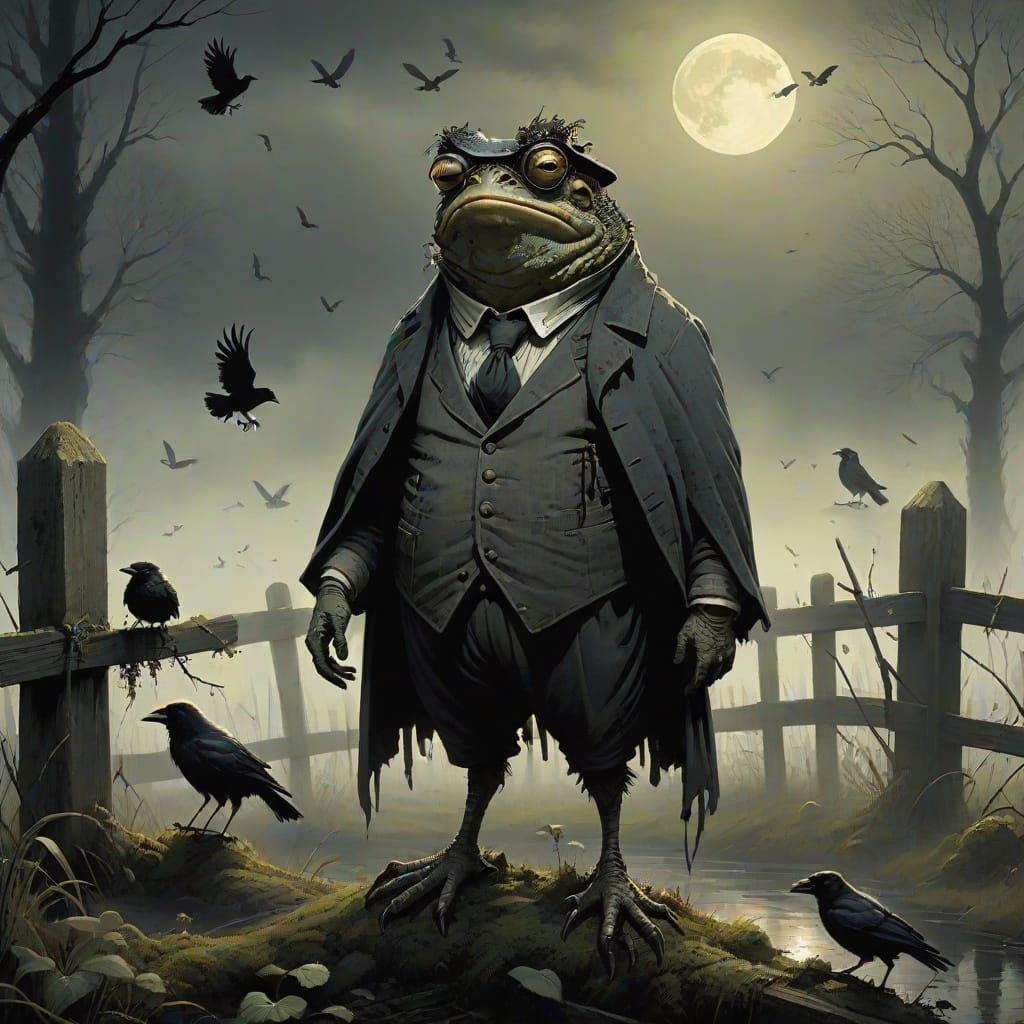 Toad Triumphs Over Crow in Dark, Dreamlike Landscape