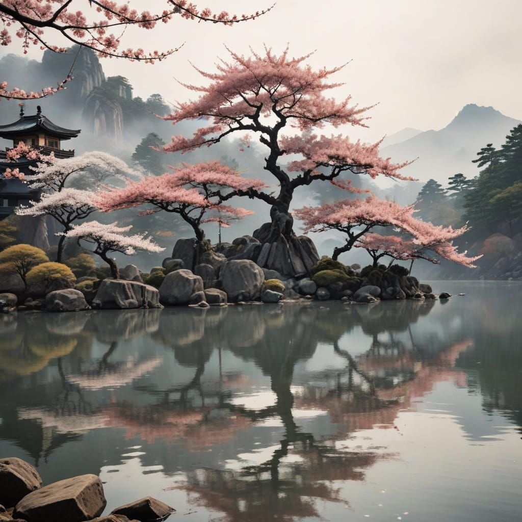 Sakura Tree in Serene Japanese Landscape, Ink Art Style
