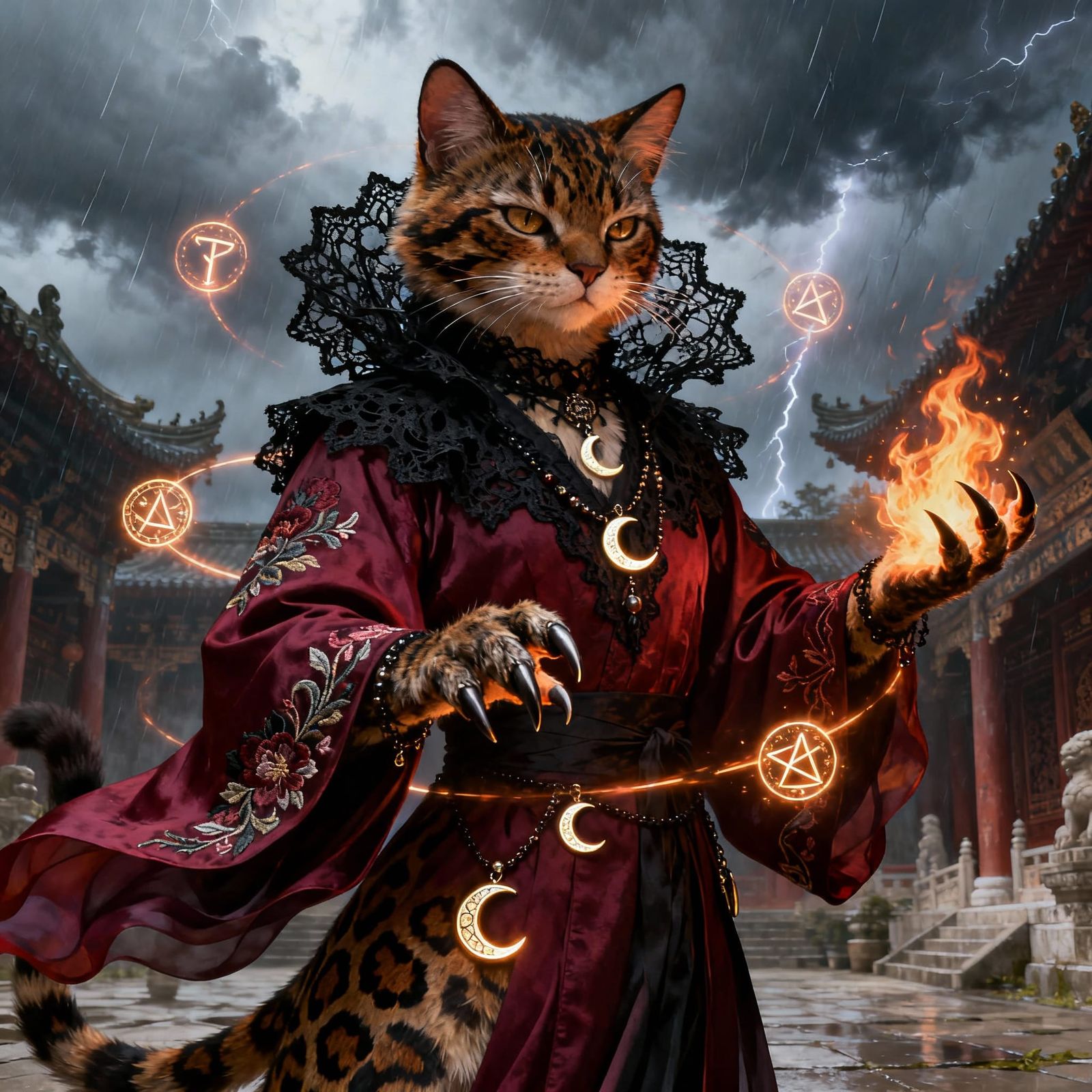 Tabaxi Sorcerer Casting Runic Fire in Temple Courtyard