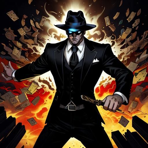 Explosive Comic Art: Young Man in Suit with Cards
