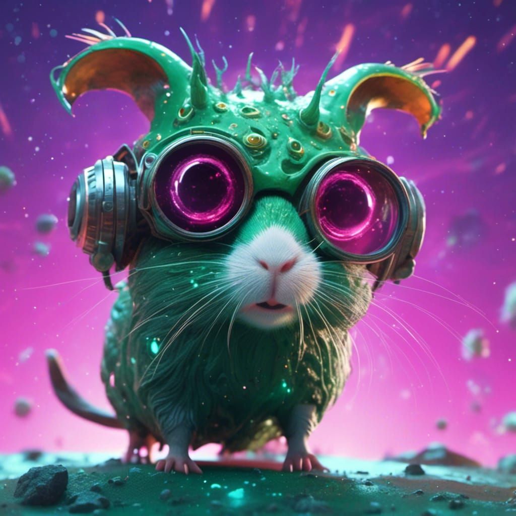 Cyborg Guinea Pig with Extra Eyes in Alien Galaxy