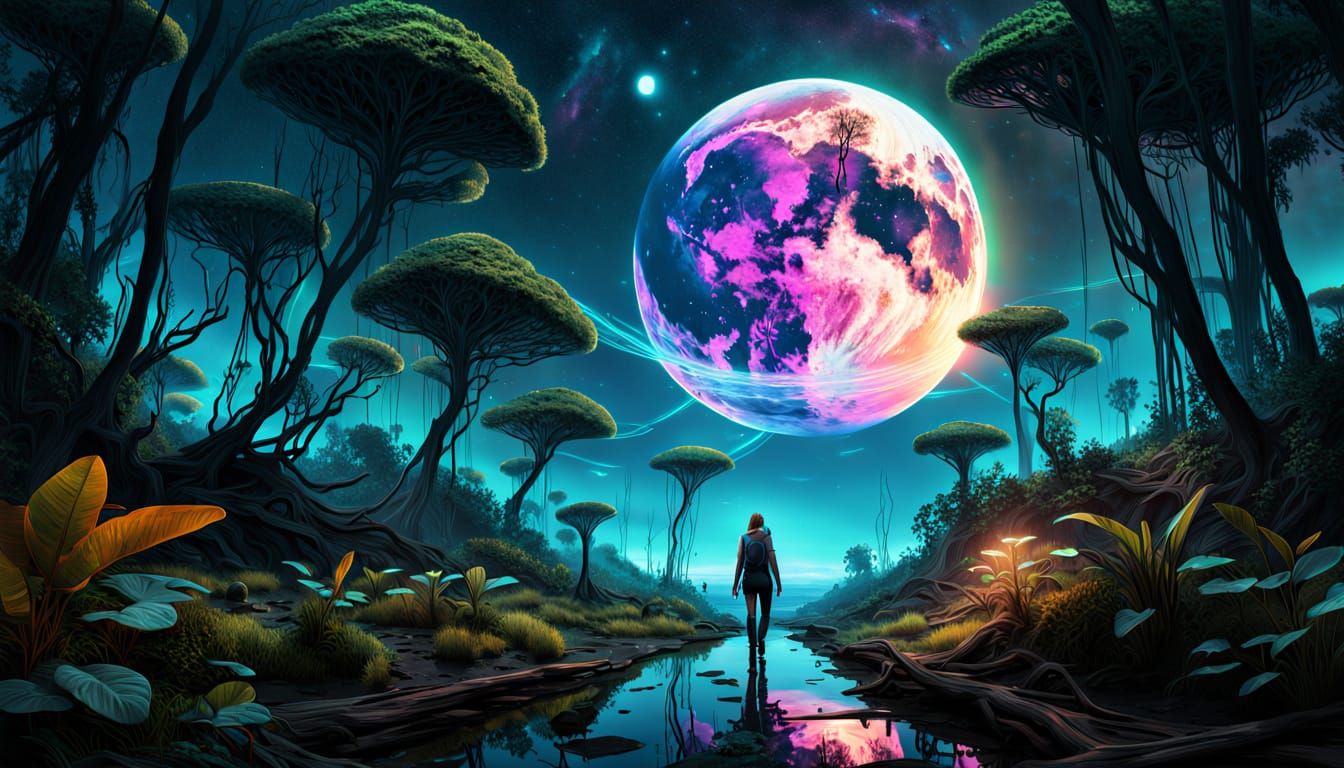 Cybernetic Explorer in Bioluminescent Jungle