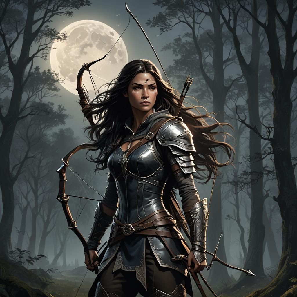 Fierce Female Archer in Shadowed Forest, Cinematic Illustrat...