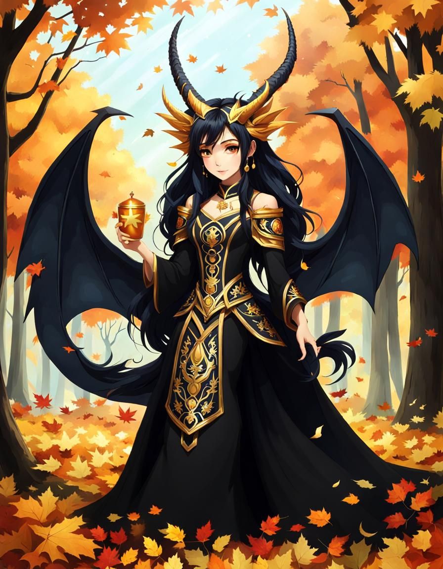 Dragon Woman in Autumn Forest with Sign