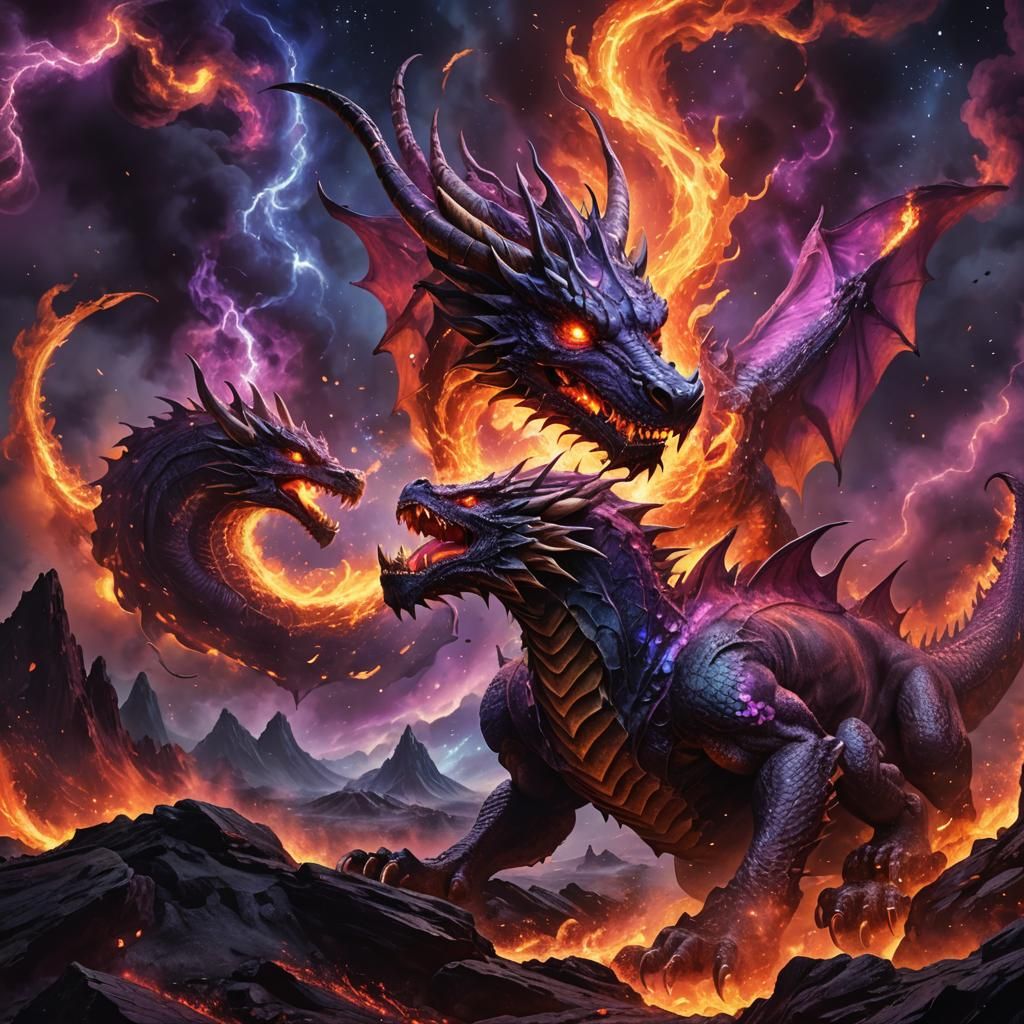 Dragon vs Hellhound in Cosmic Mixed Media Illustration