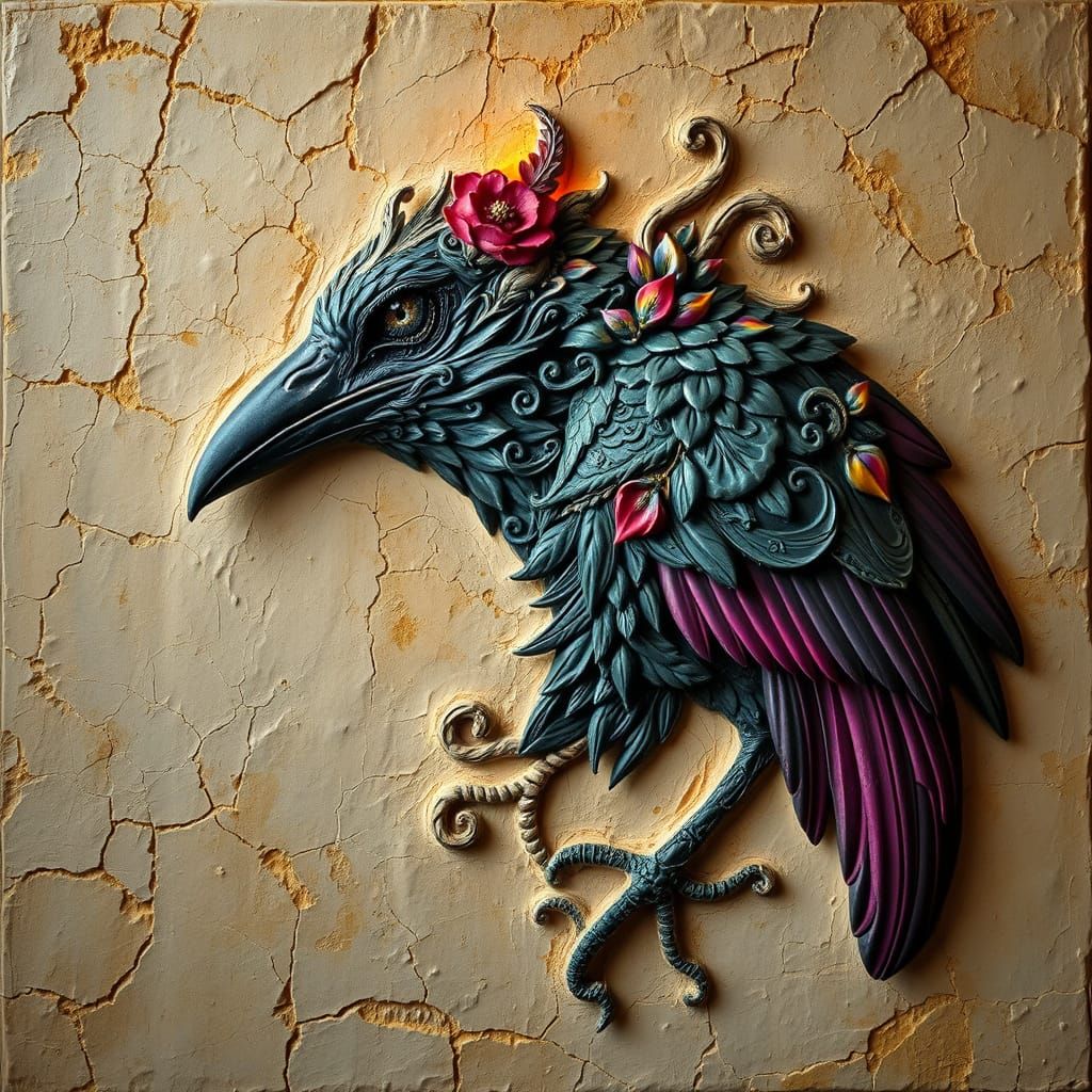 Baroque Raven Art in Ornate Relief