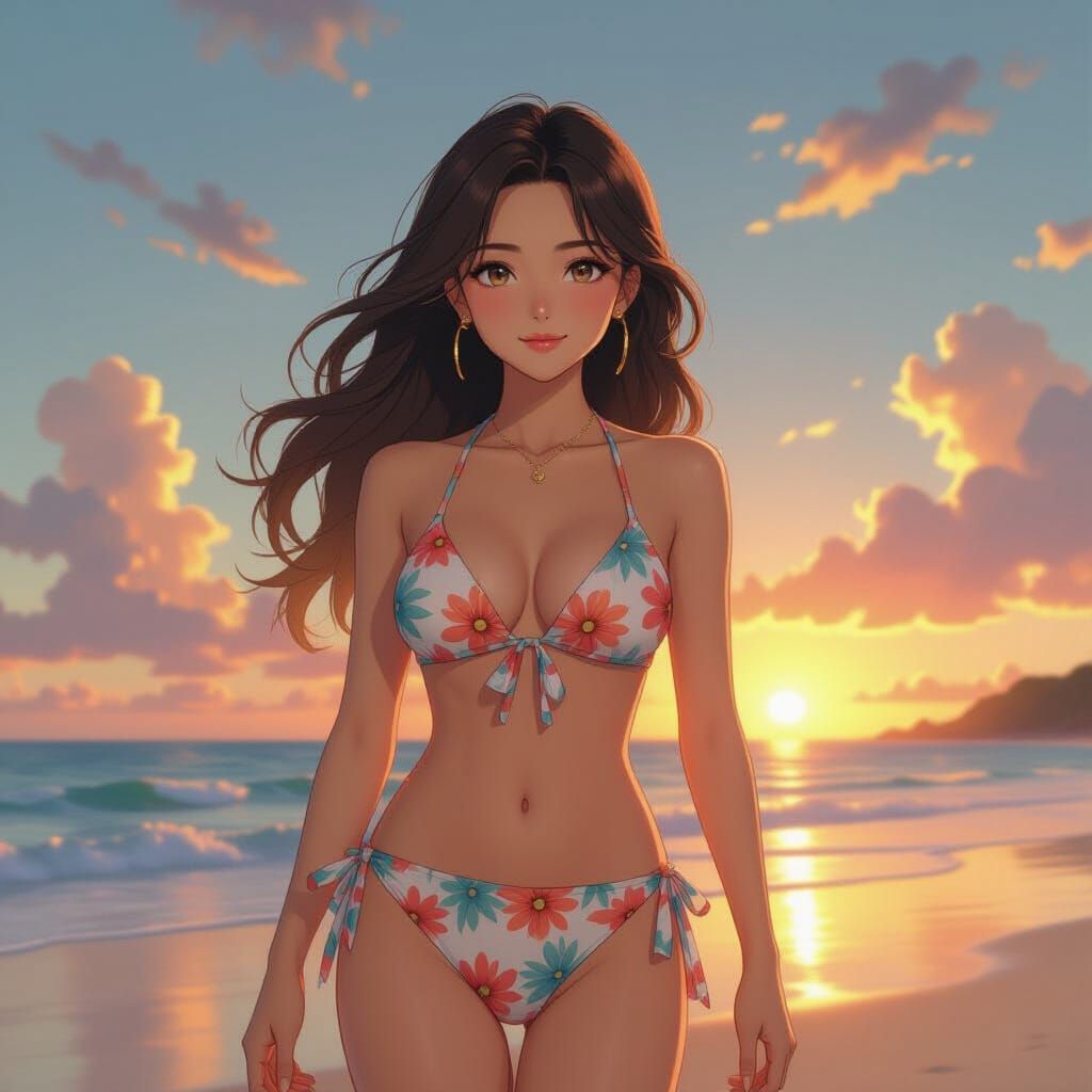 Giant Anime Woman on Beach at Sunset