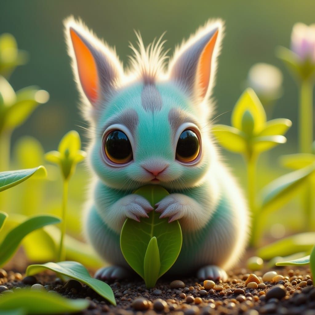 Baby Bunny Nibbling Leaf in Whimsical Alien Style