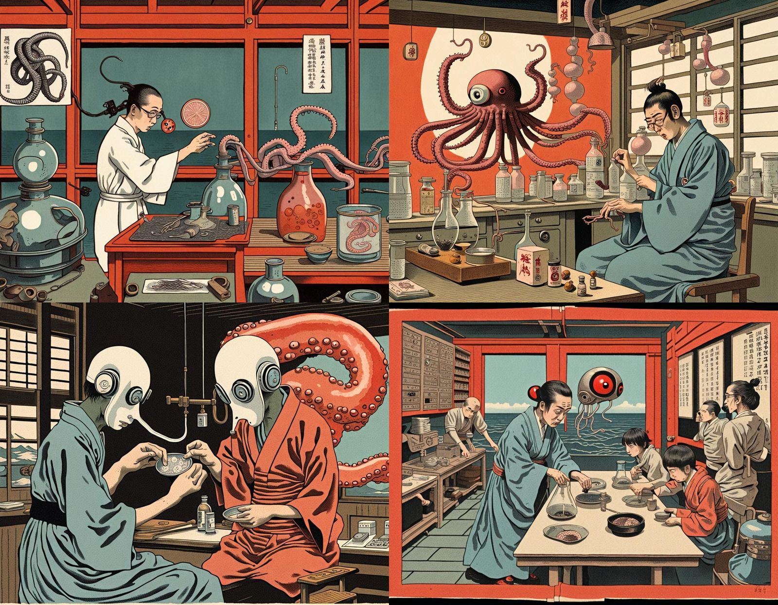 Surreal Ukiyo-e Calamari Homunculus in Laboratory