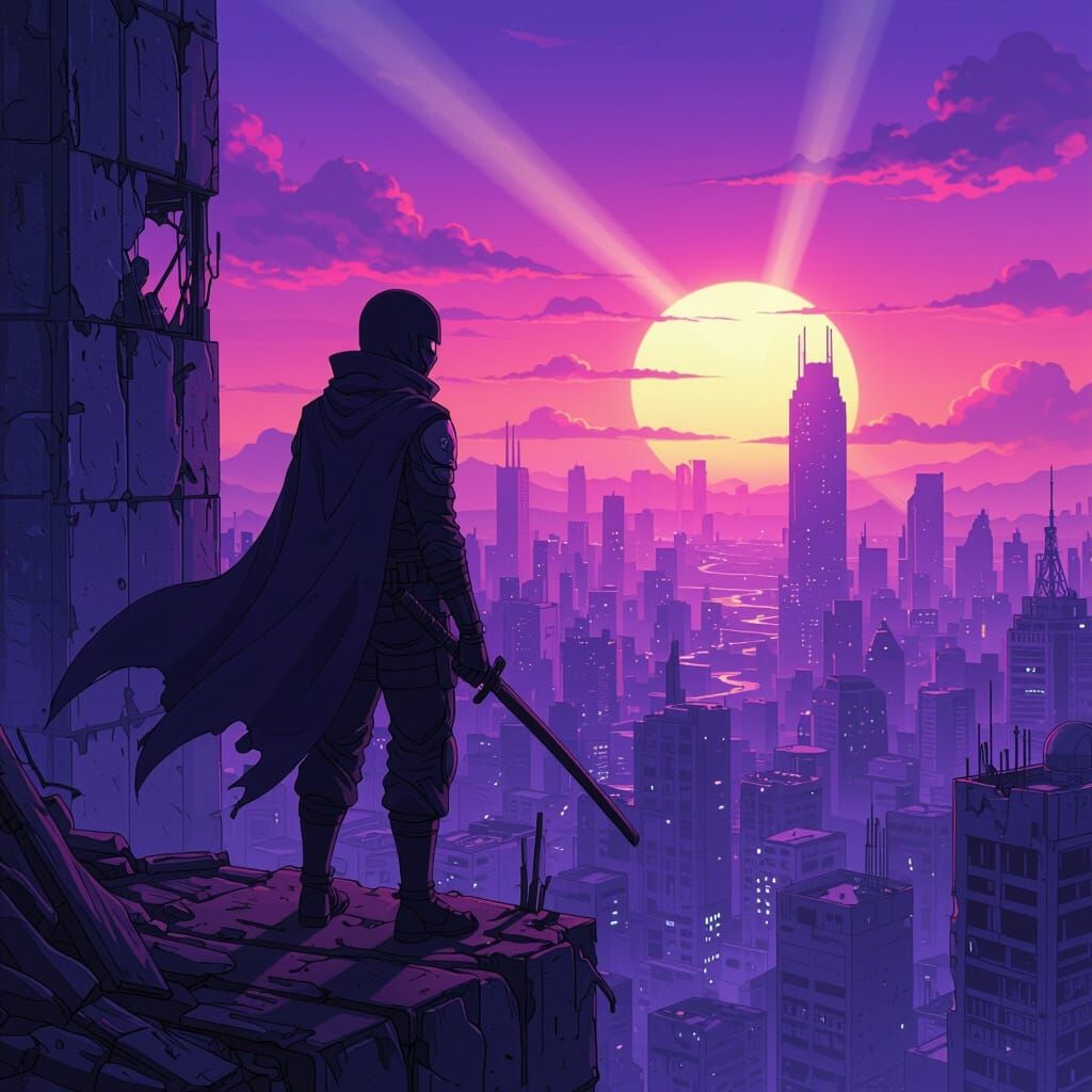 Futuristic Ninja Overlooking Post-Apocalyptic Cityscape in P...