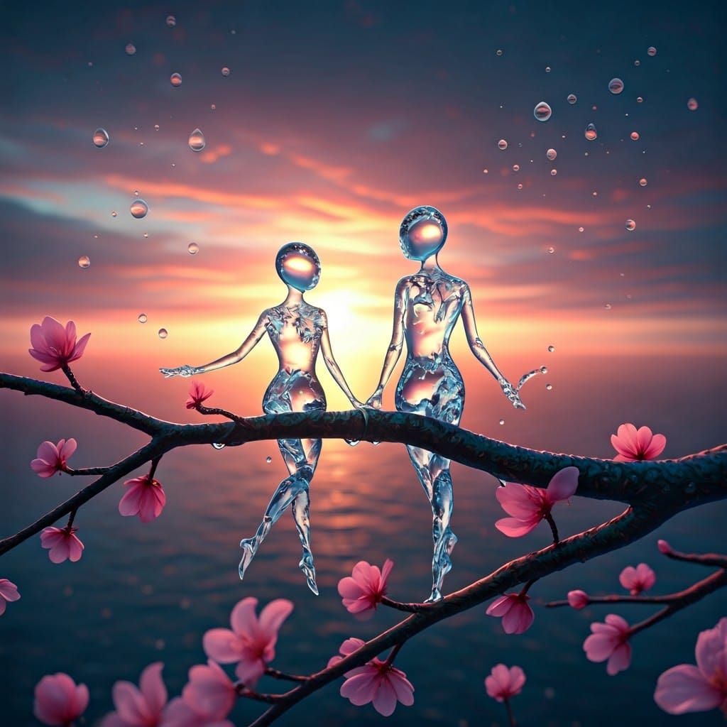 Dewdrop Characters at Sunrise: Fantasy Digital Art