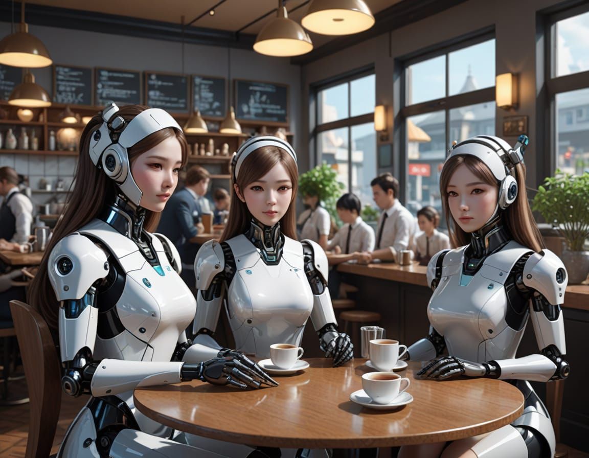 Robotic Maids in a Futuristic Cafe Scene