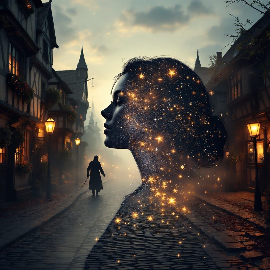 Double Exposure Silhouette in Medieval Town