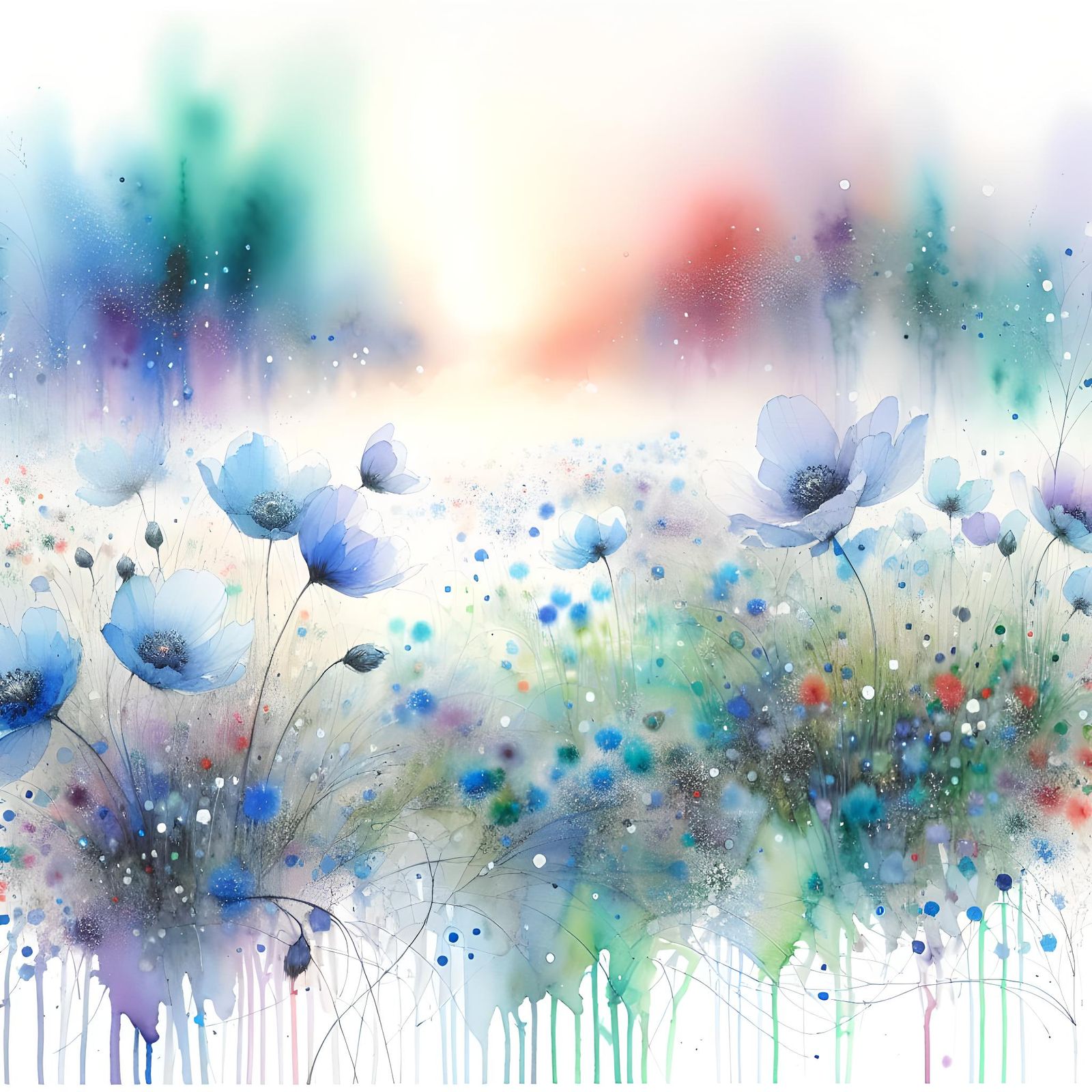 Flower Field, Watercolor Landscape with Delicate Blue Bloomi...