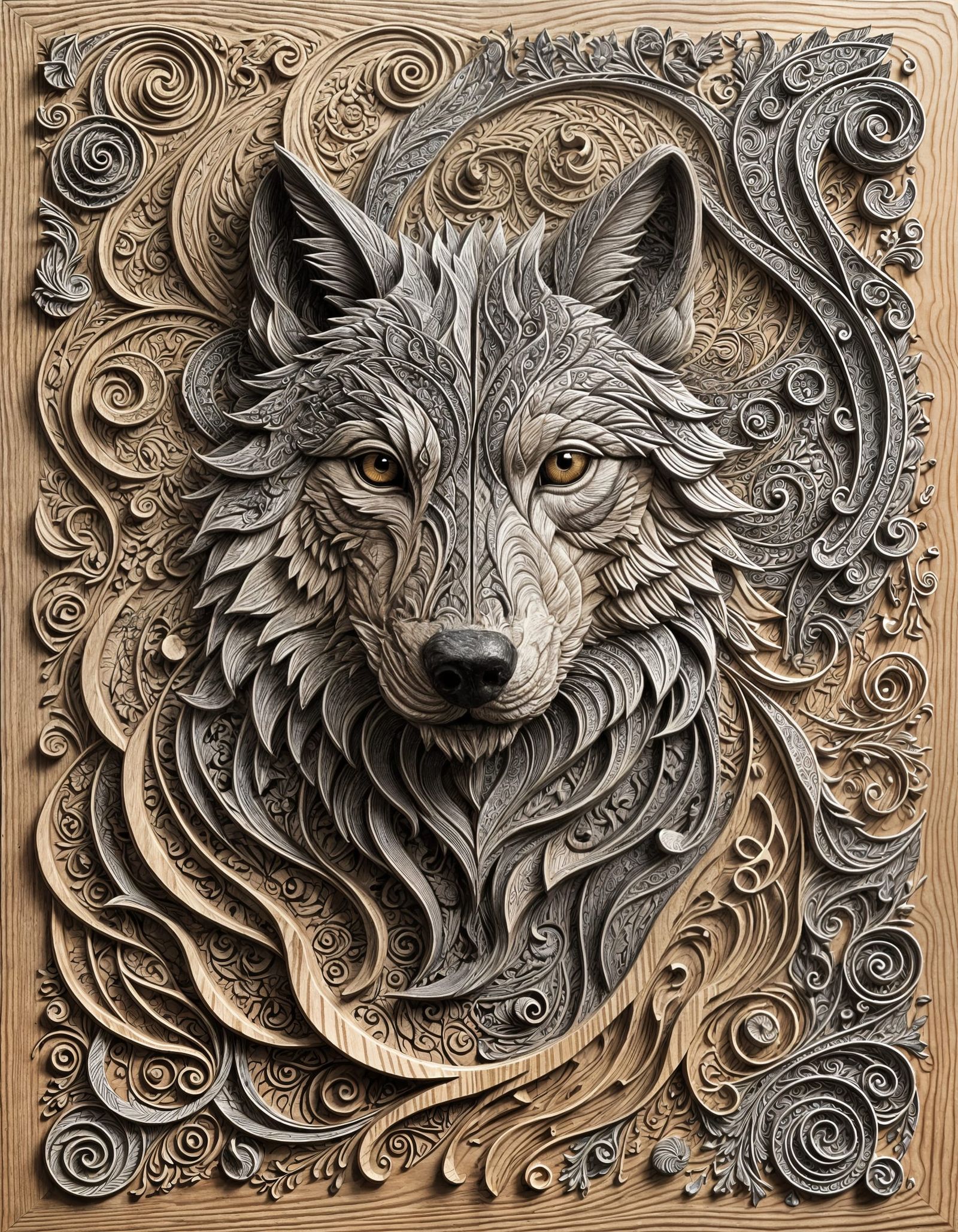 Wolf Wood Carving with Music Notes in Relief