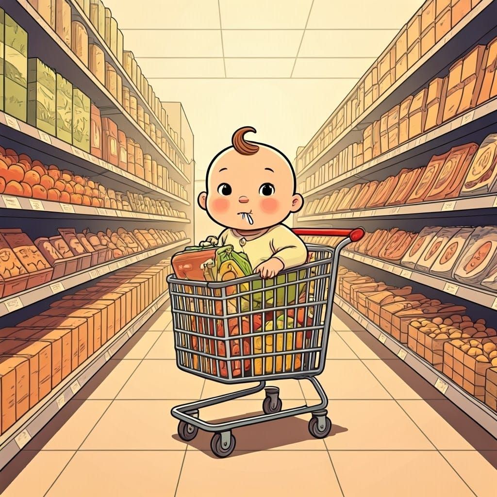 Playful Supermarket Scene in Cartoon Style