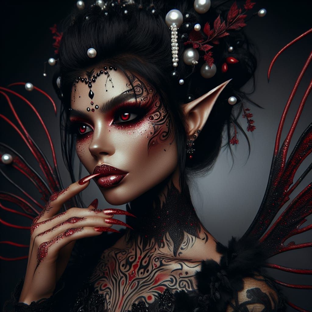 Dark Fantasy Woman with Red Accents and Wings