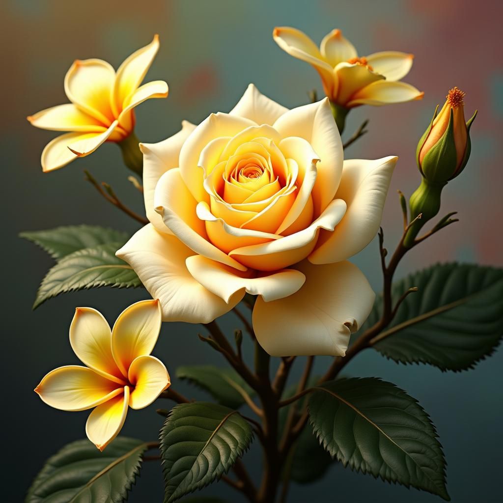 Yellow Rose Surrounded by Fig Leaves and Frangipani