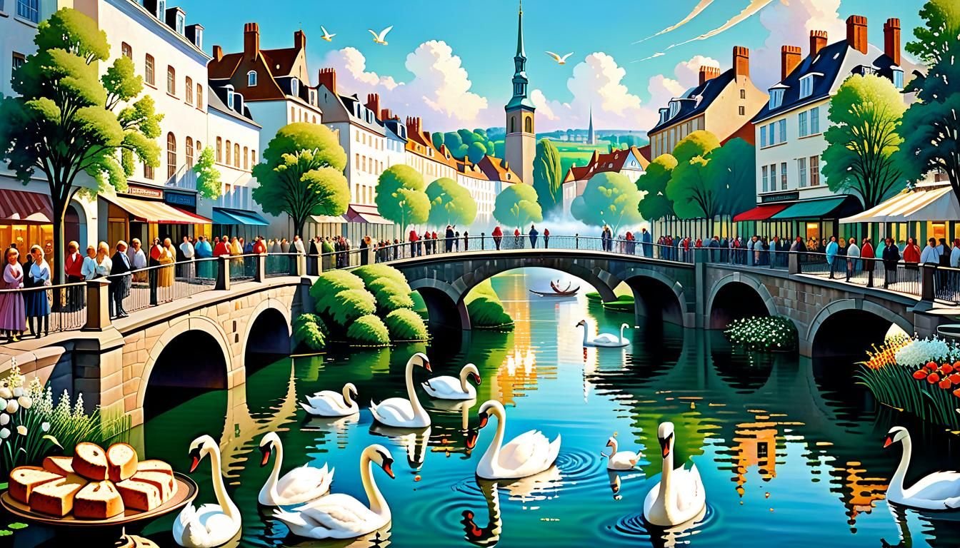 City Lake Scene in Expressionist Oil Painting