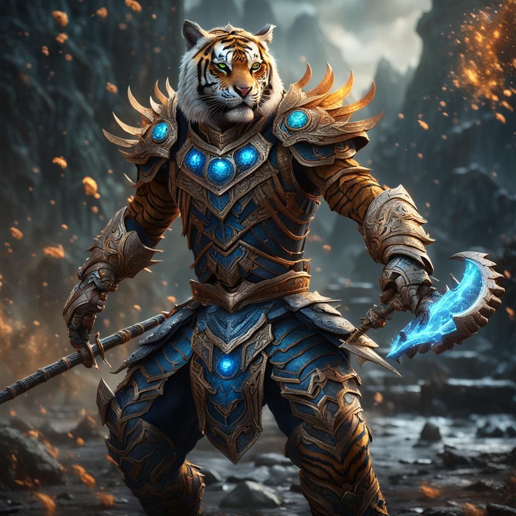 Tiger Warrior in Elemental Armor: Detailed Matte Painting